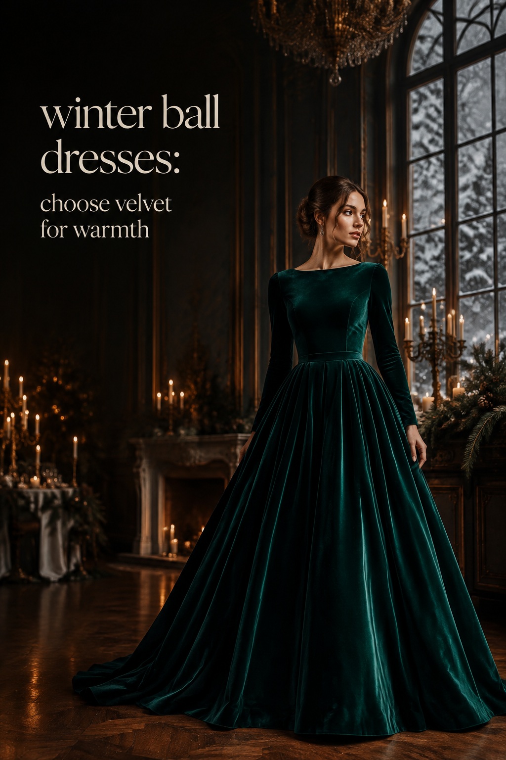 winter ball dresses emerald velvet long sleeve gown in candlelit ballroom