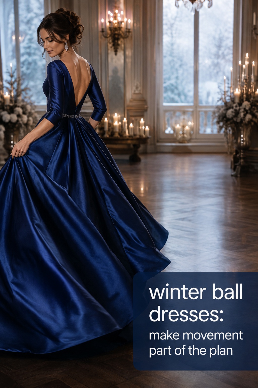 winter ball dresses sapphire satin A-line gown with movement