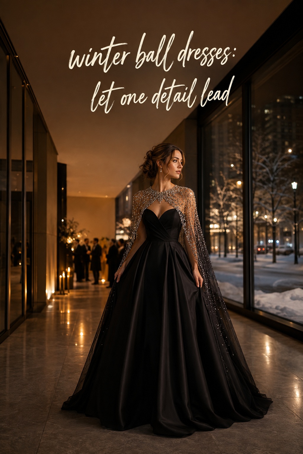 winter ball dresses black gown with crystal cape at gala
