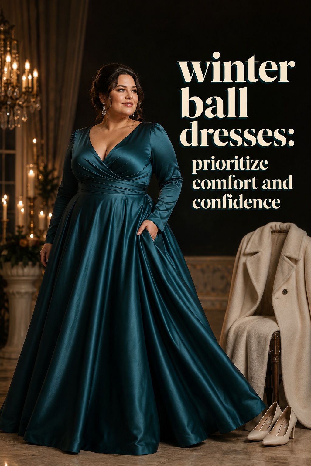 winter ball dresses plus-size teal satin gown with coat