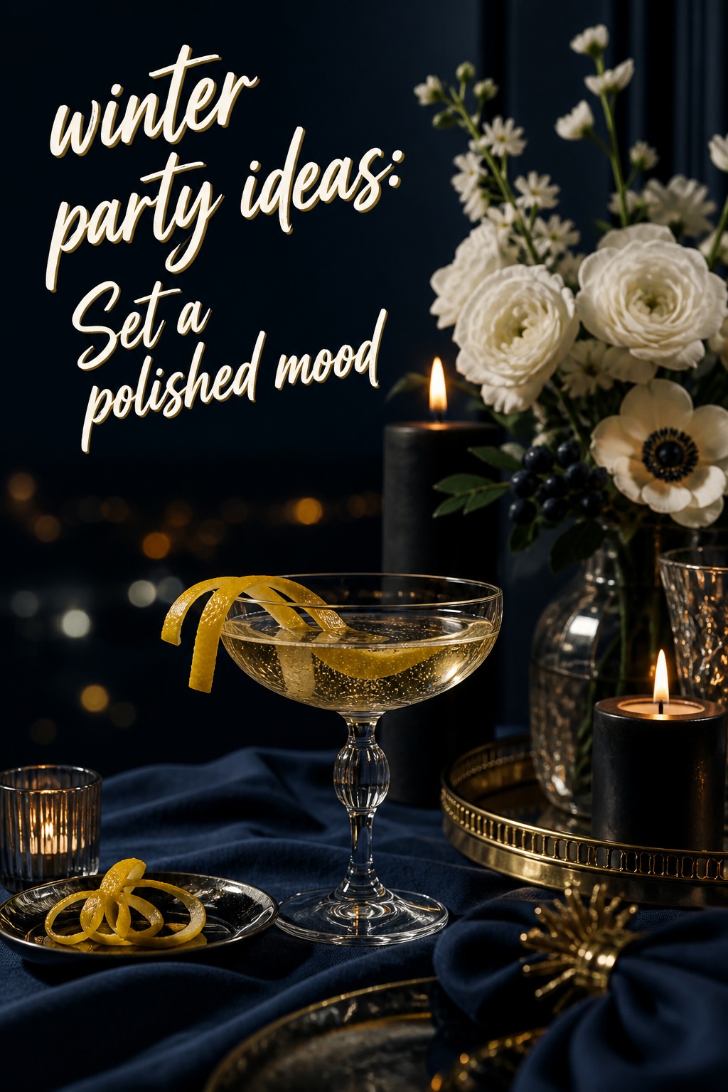 winter party ideas for a polished midnight cocktail table with citrus and candles