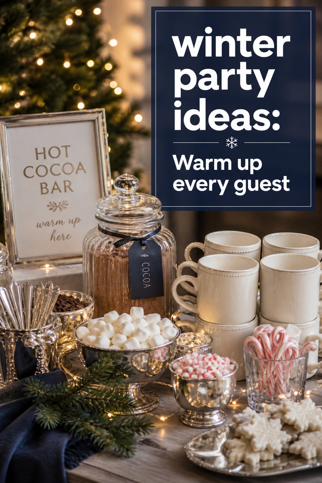 winter party ideas with a stylish hot cocoa bar and warm fairy lights