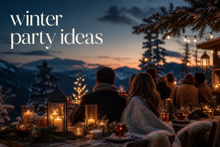 winter party ideas with candlelit tables, evergreen, warm drinks and blankets at dusk