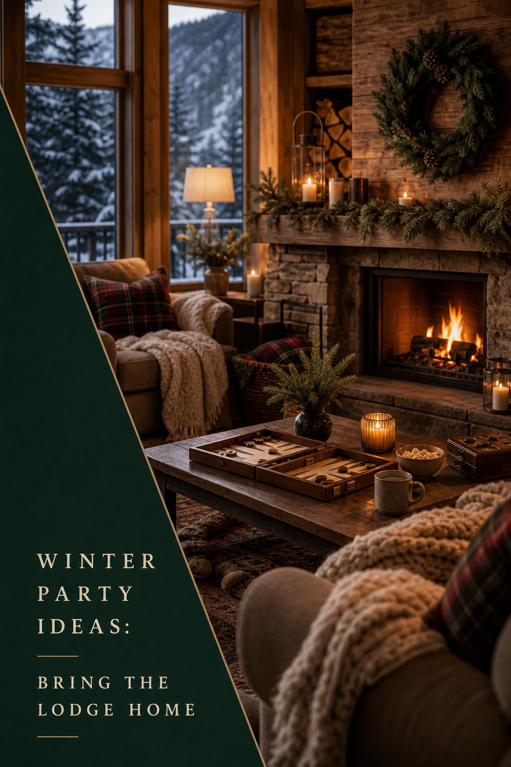 winter party ideas in a cozy ski lodge room with blankets and evergreen