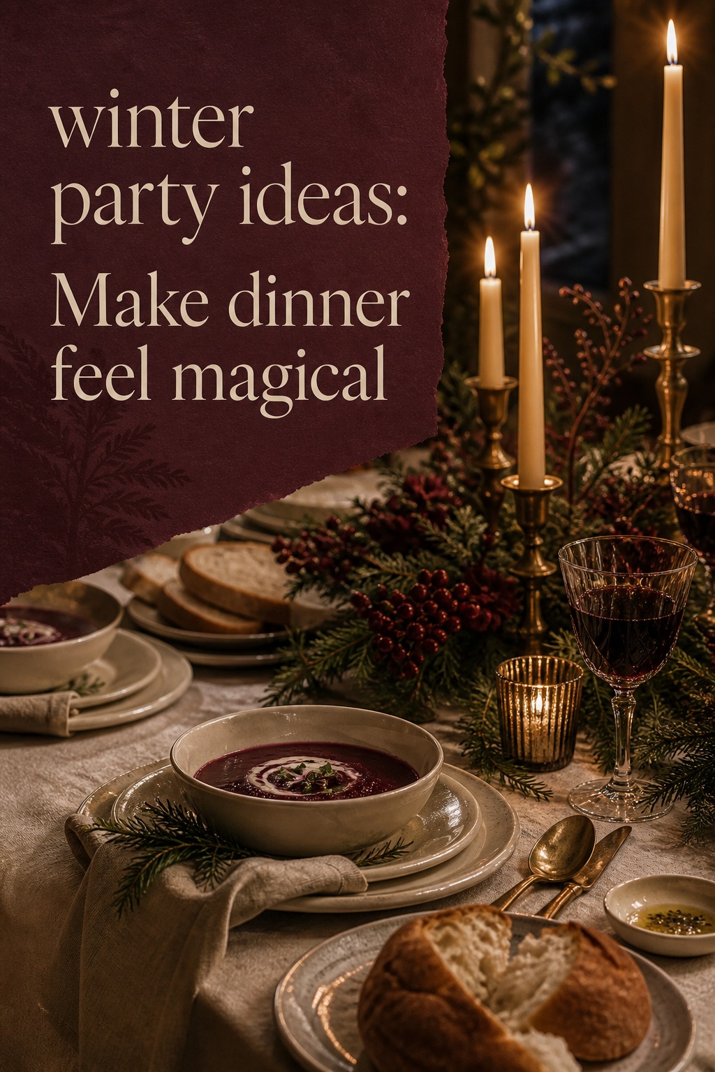 winter party ideas with a candlelit supper, evergreen and burgundy details