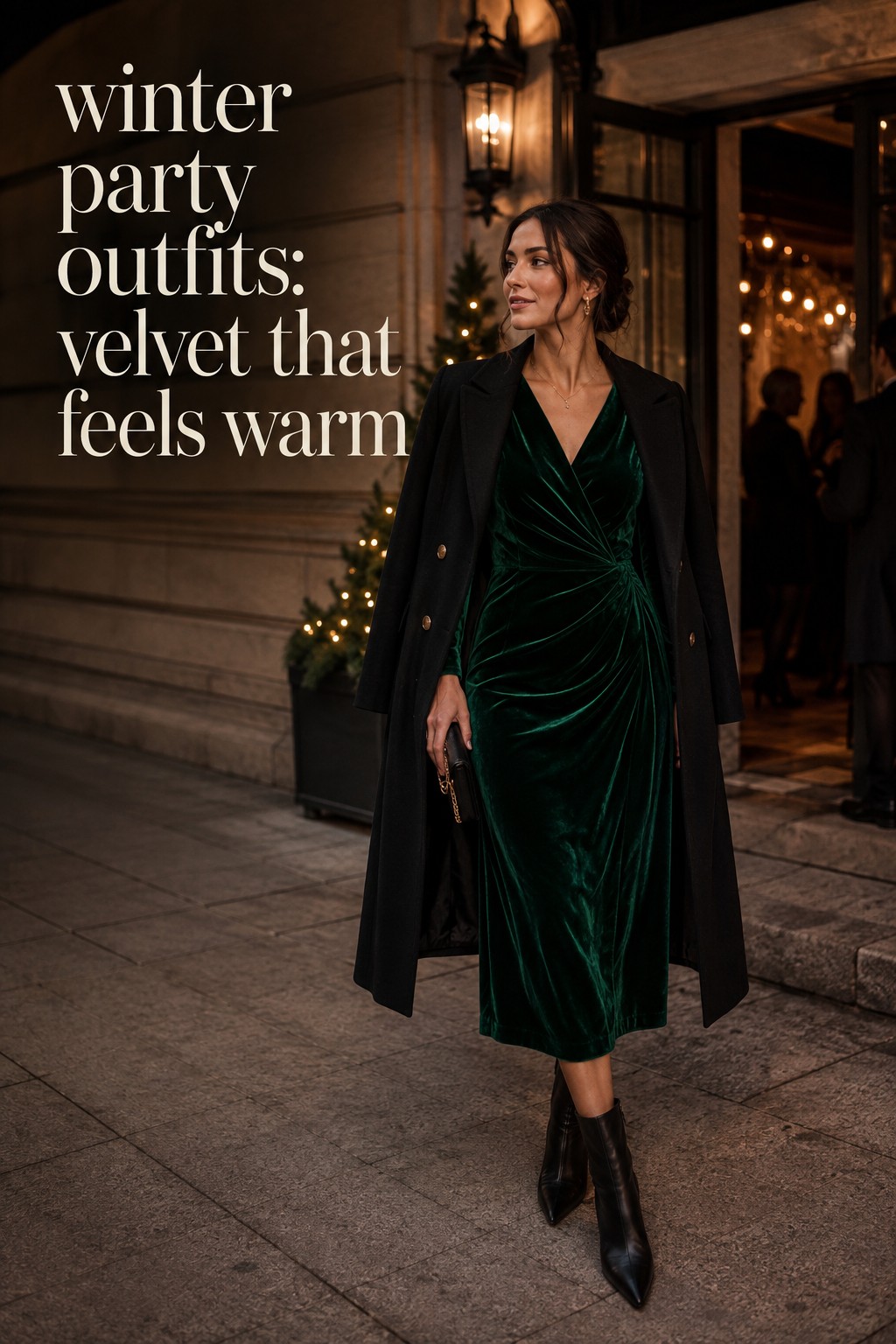 winter party outfits with an emerald velvet midi dress and black wool coat