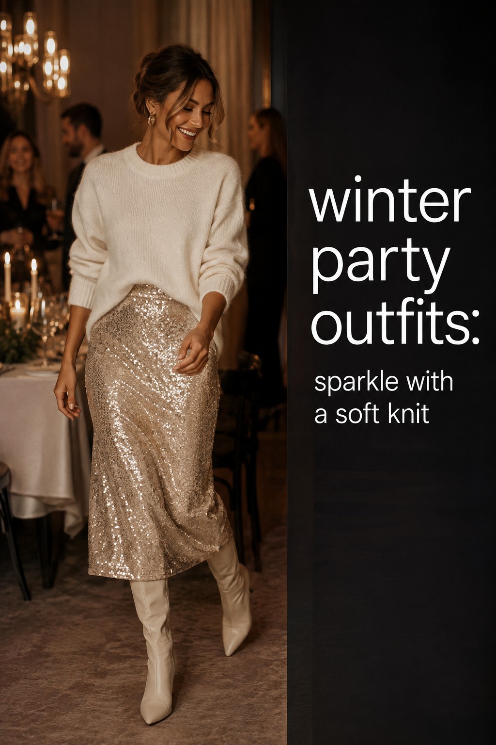 winter party outfits with a champagne sequin skirt and ivory cashmere sweater