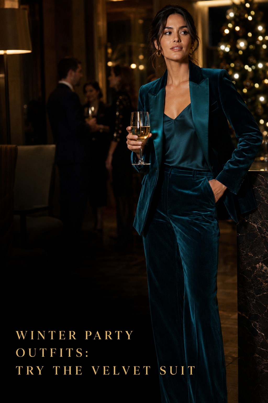 winter party outfits with a teal velvet tuxedo suit and satin camisole