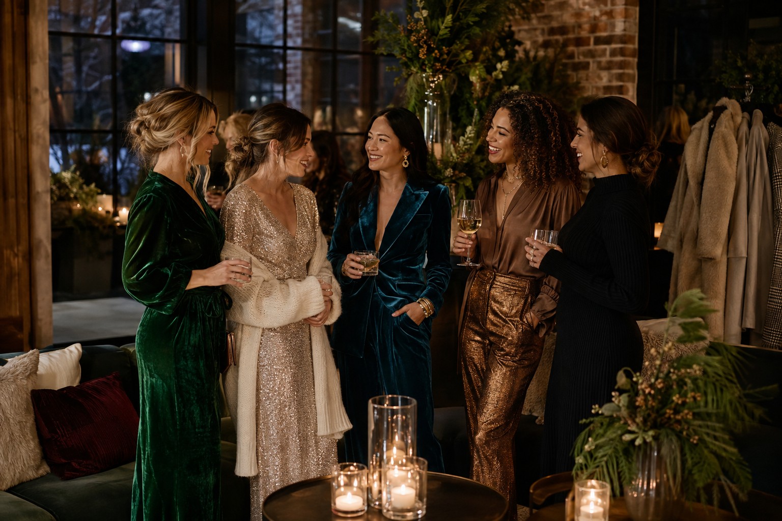 winter party outfits in velvet, sequins, tailoring, metallic trousers, and knitwear
