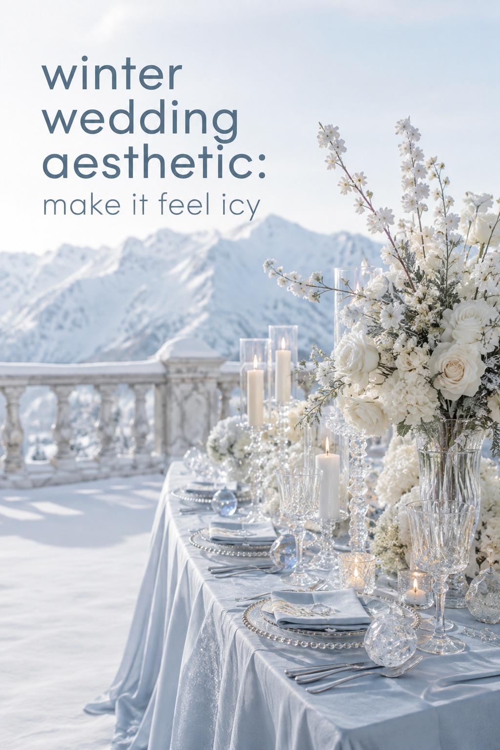 winter wedding aesthetic with icy blue crystal and white florals
