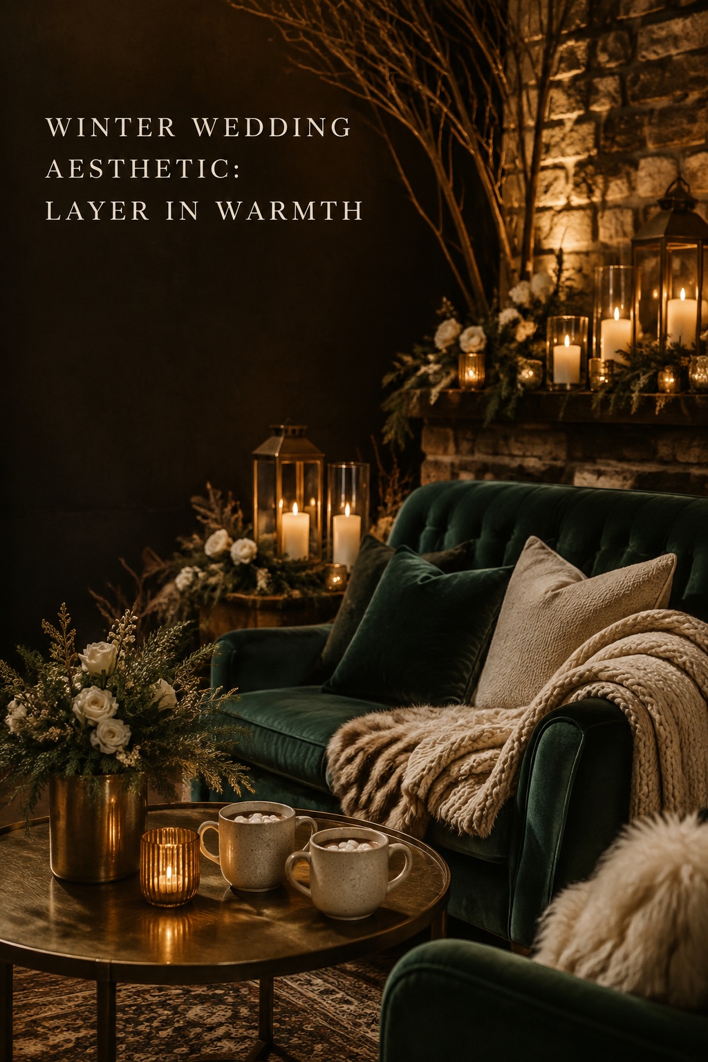 winter wedding aesthetic with velvet candles and warm brass