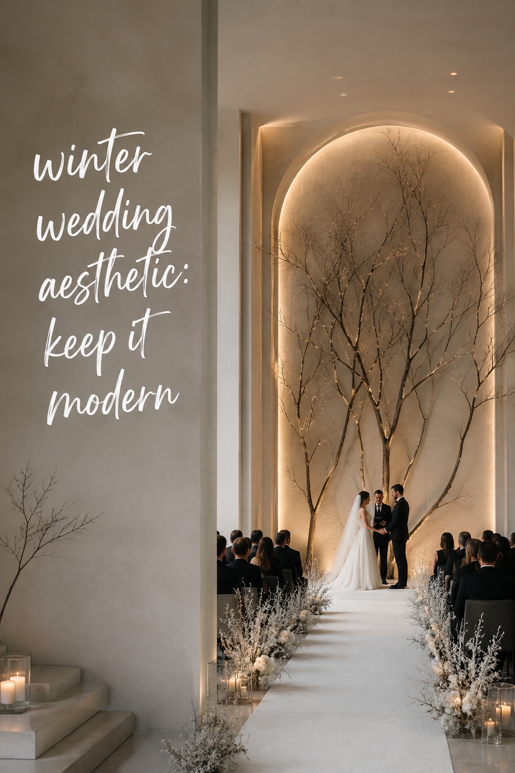 winter wedding aesthetic with modern architecture and sculptural branches