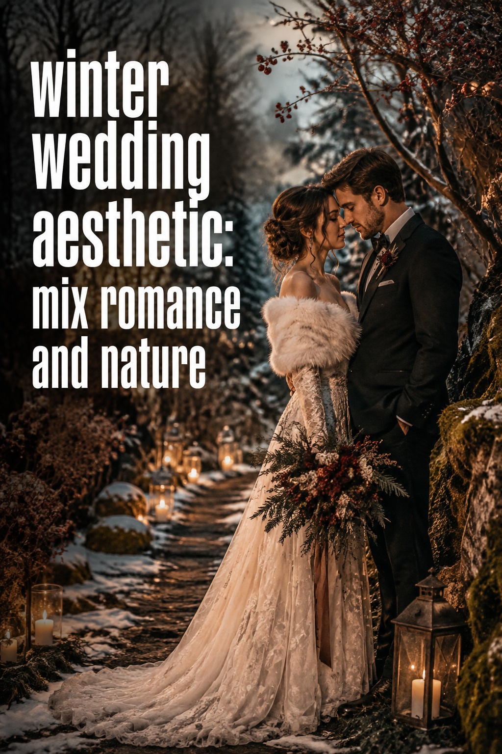 winter wedding aesthetic with romantic woodland branches and snow
