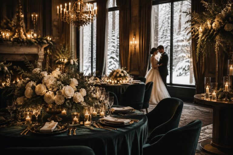 winter wedding aesthetic with candlelight velvet and snowy windows