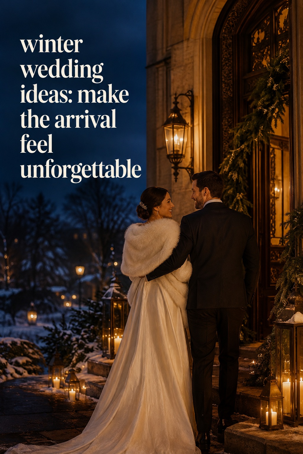 winter wedding ideas arrival with candlelit venue and couple in winter attire