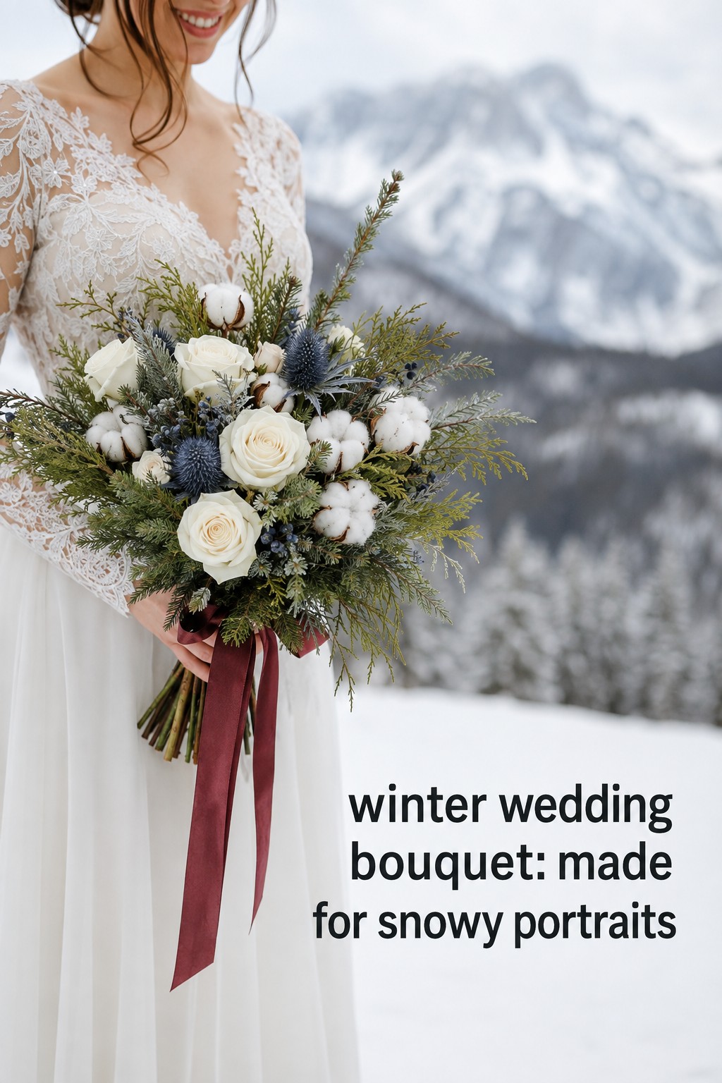 Snowy mountain winter wedding bouquet with roses juniper and burgundy ribbon
