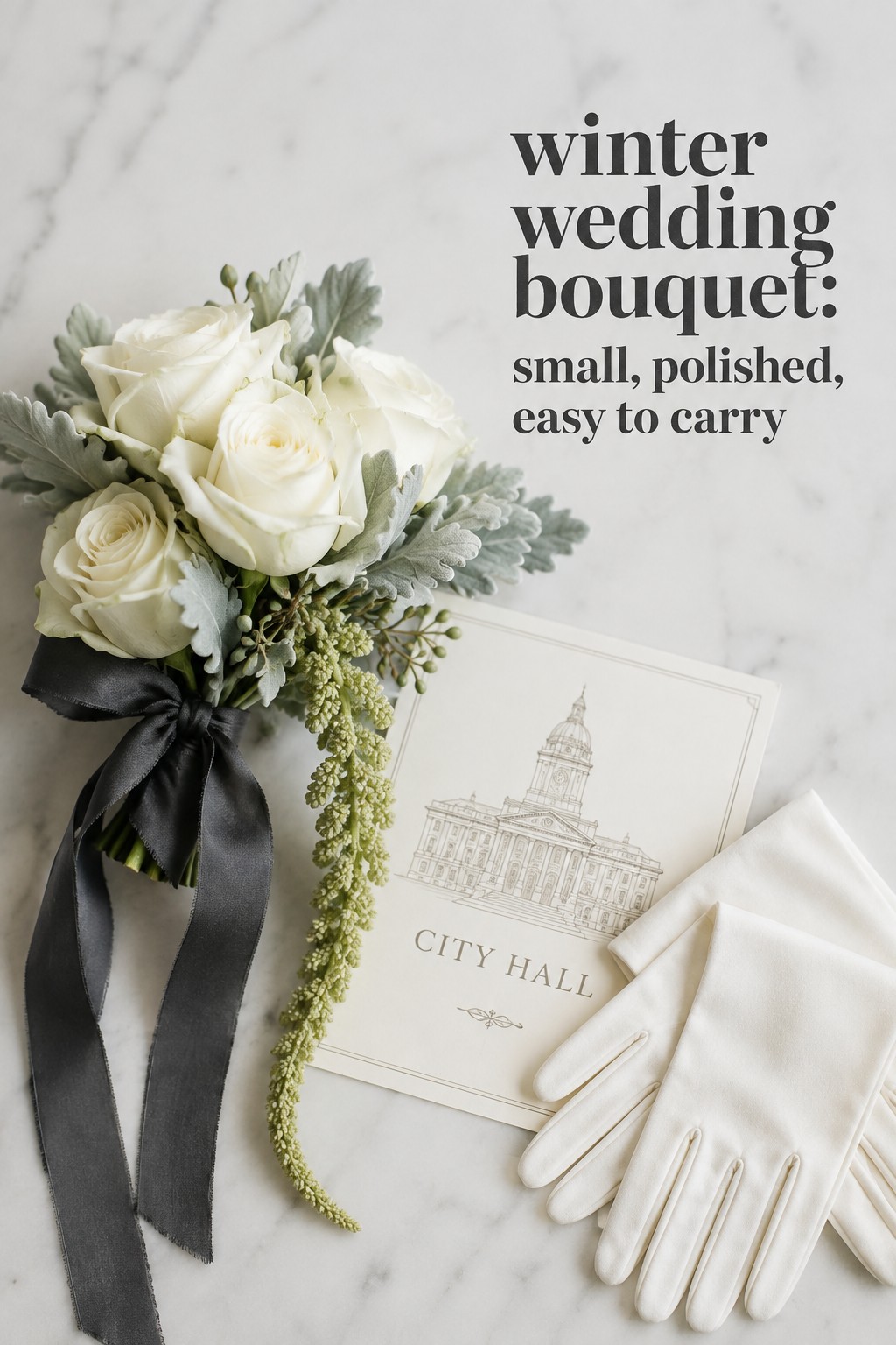 Blush and peach winter wedding bouquet with hellebores and velvet ribbon