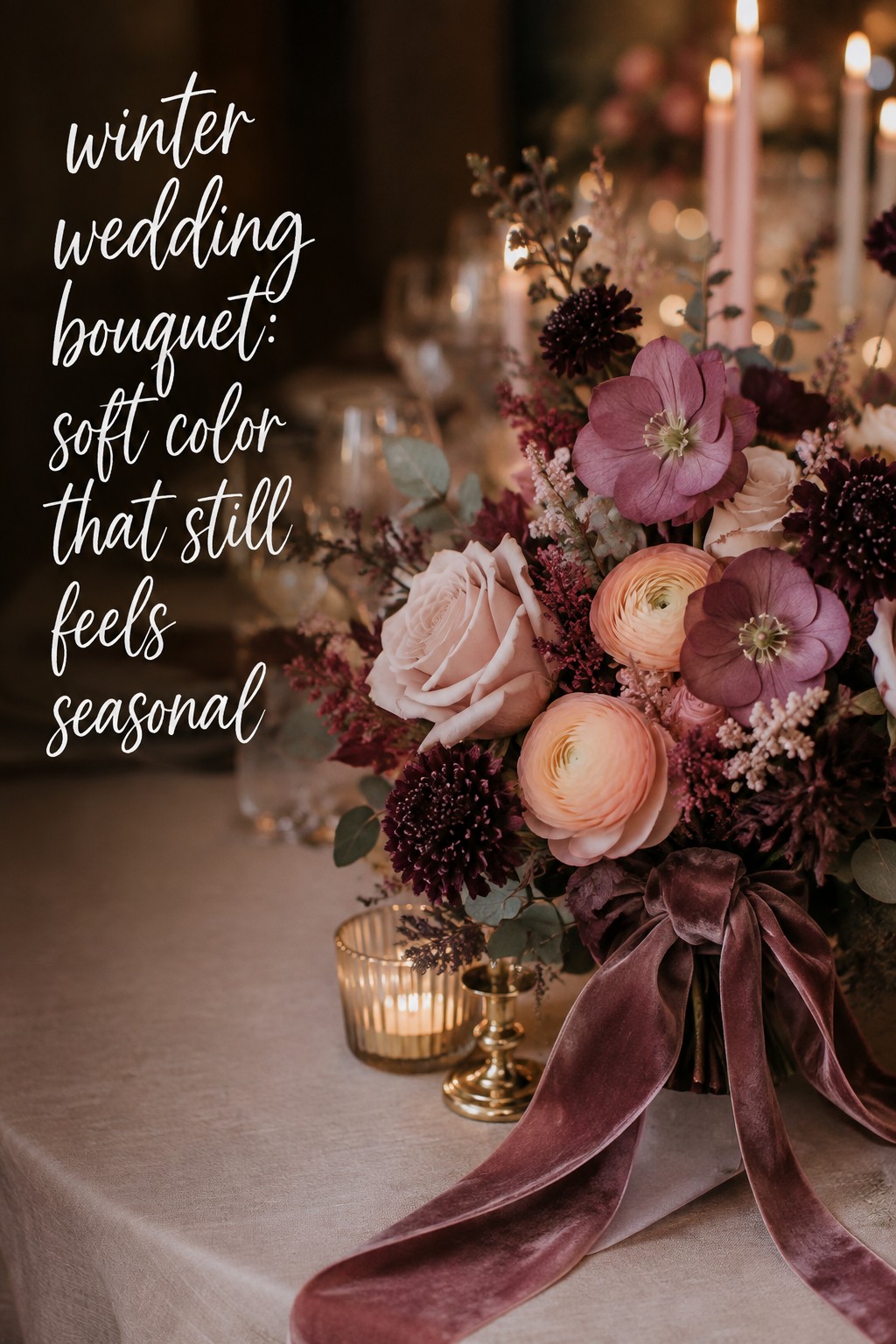 Small courthouse winter wedding bouquet with white roses and charcoal ribbon