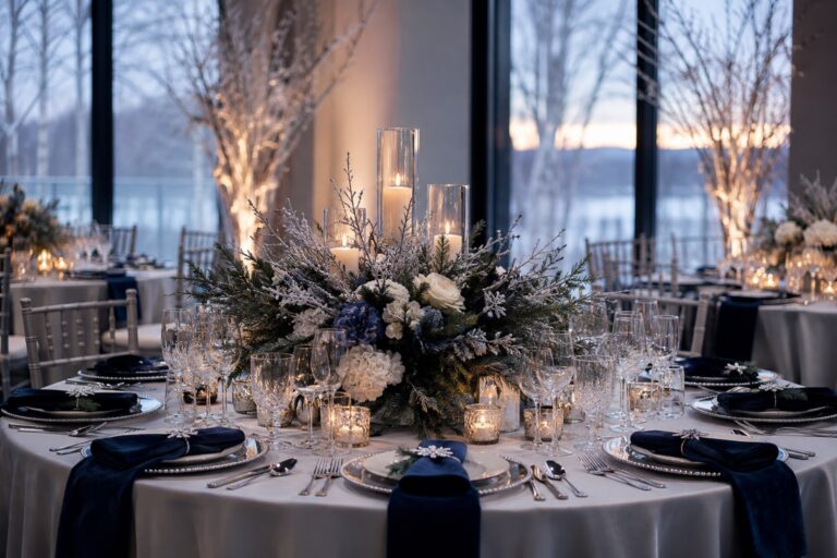 winter wedding color palette with navy ivory silver and evergreen reception table