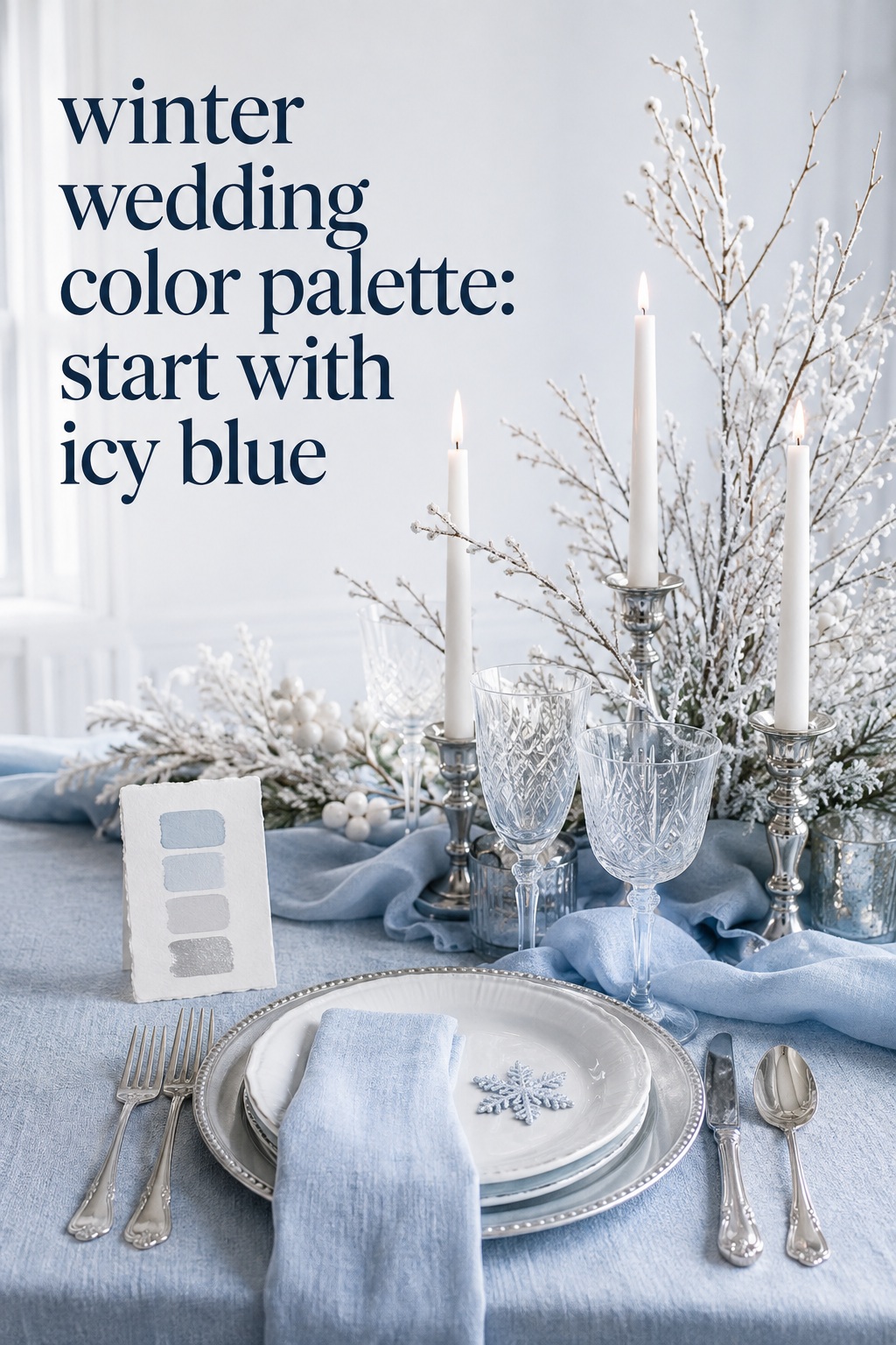 winter wedding color palette with icy blue table styling