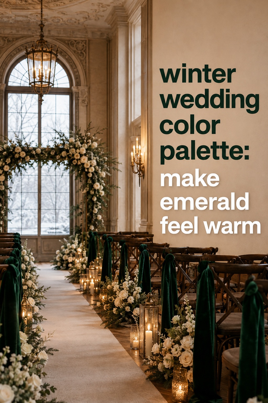 winter wedding color palette with emerald and champagne ceremony details