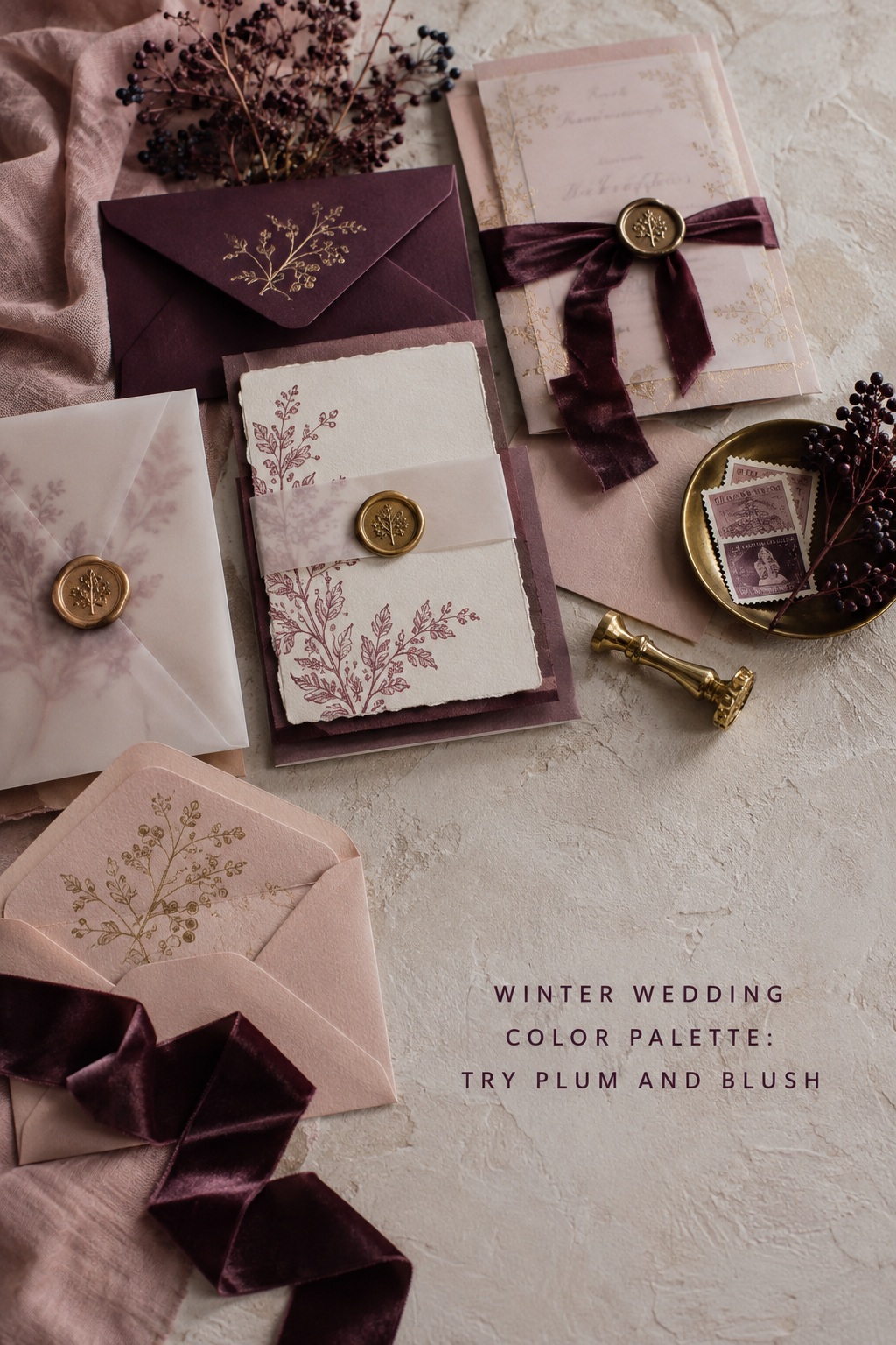 winter wedding color palette with plum blush and gold stationery