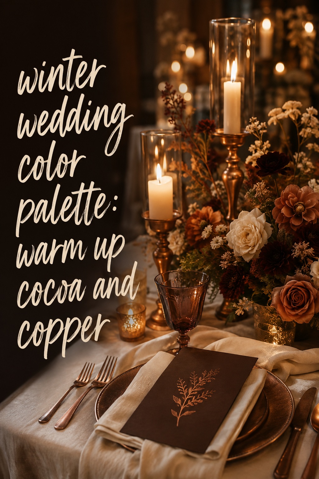 winter wedding color palette with cocoa copper and cream reception decor