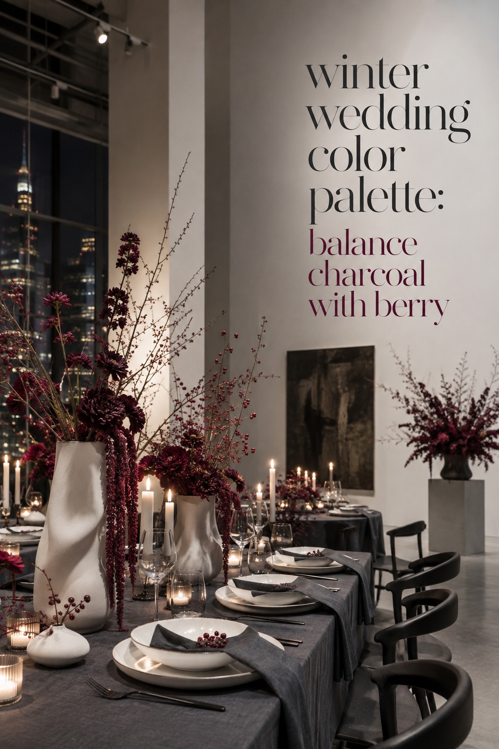 winter wedding color palette with charcoal white and berry reception styling