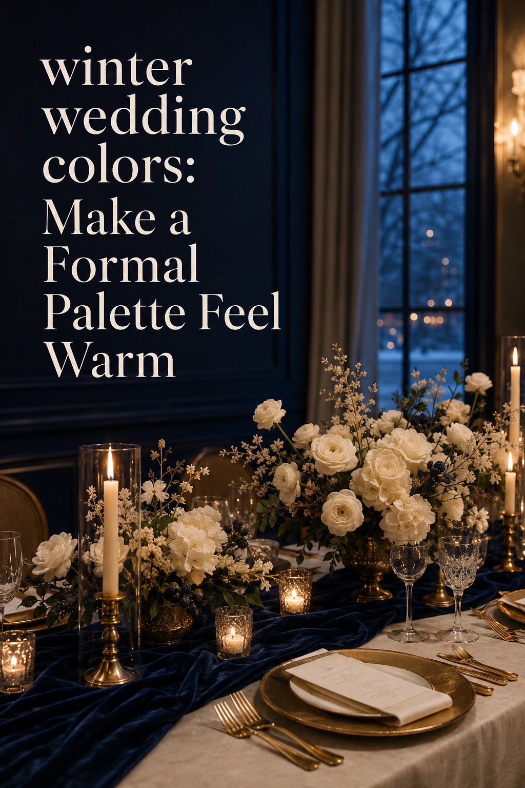 winter wedding colors with navy velvet, ivory flowers, and gold candlelight