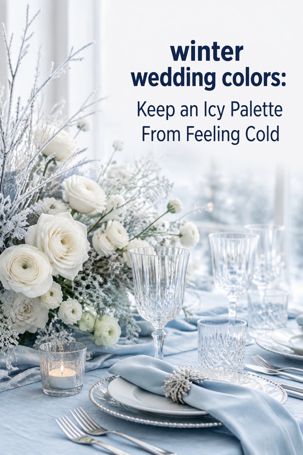 winter wedding colors with ice blue linens, silver details, and white flowers