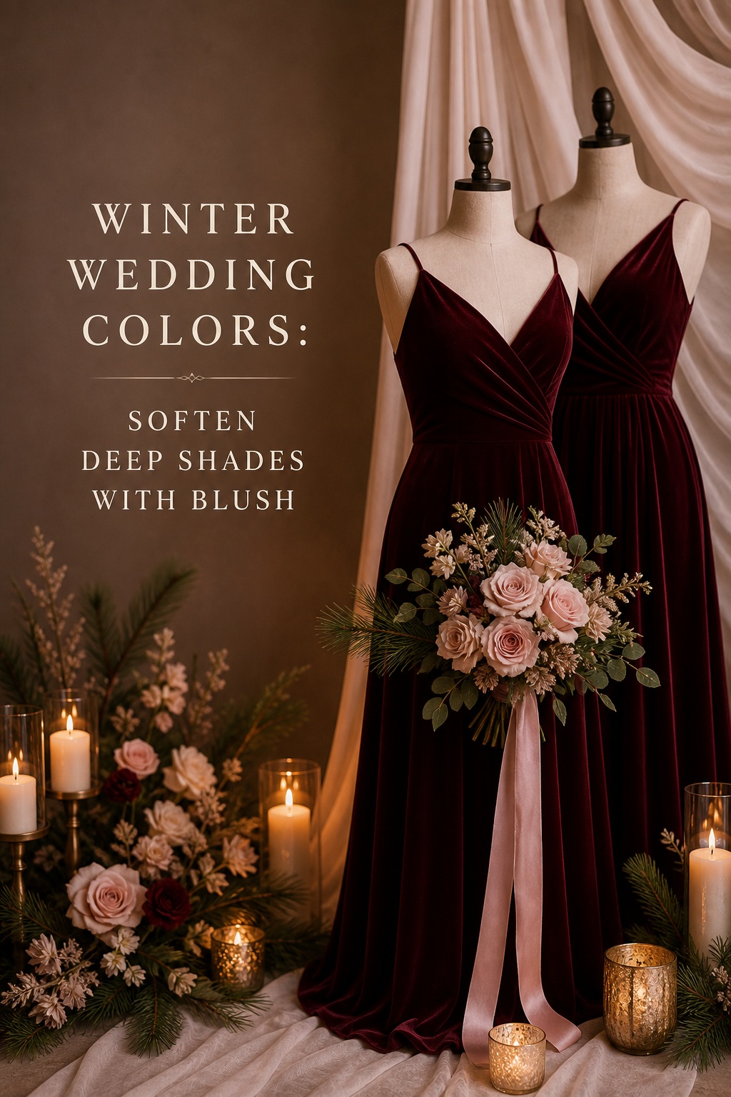 winter wedding colors with burgundy velvet dresses, blush flowers, and ivory drapery