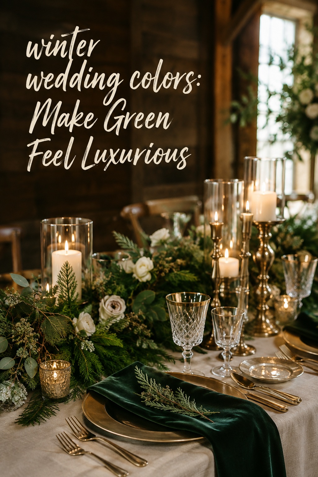 winter wedding colors with emerald velvet napkins, cream linen, and brass candles