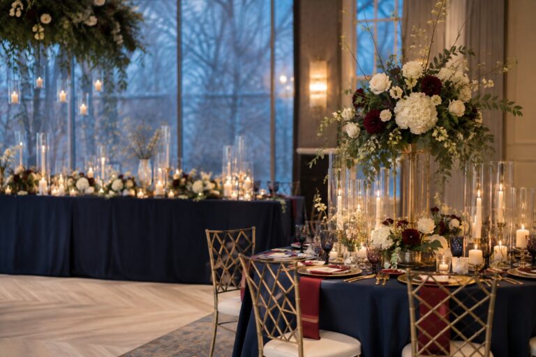 winter wedding colors with navy, burgundy, emerald, ivory, and candlelight