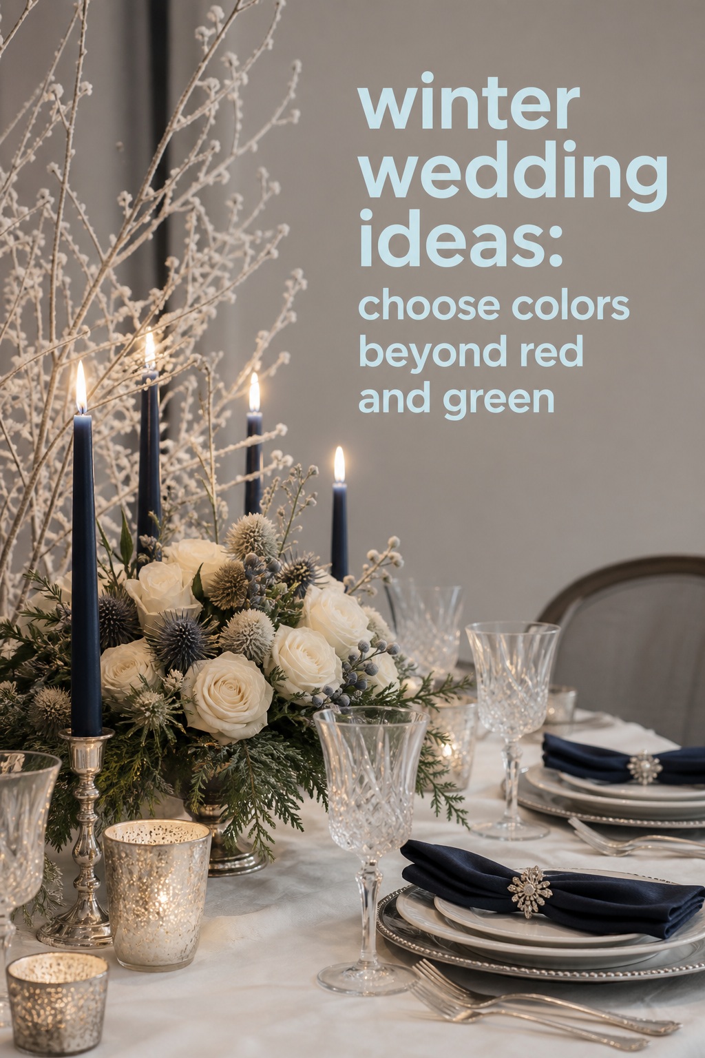 winter wedding ideas table in ivory ink blue silver and evergreen