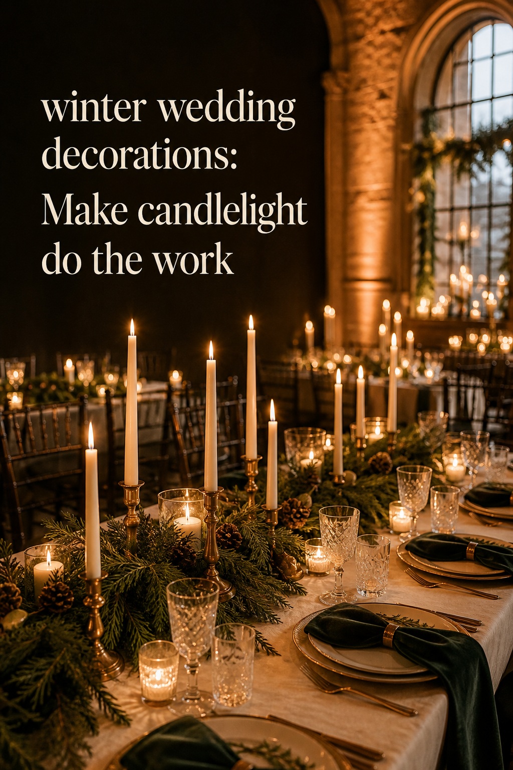 winter wedding decorations with evergreen garlands and warm candlelight