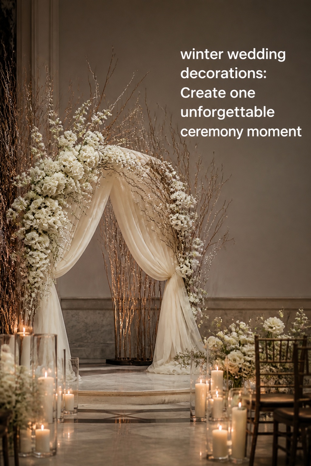 winter wedding decorations with a white floral arch and candles