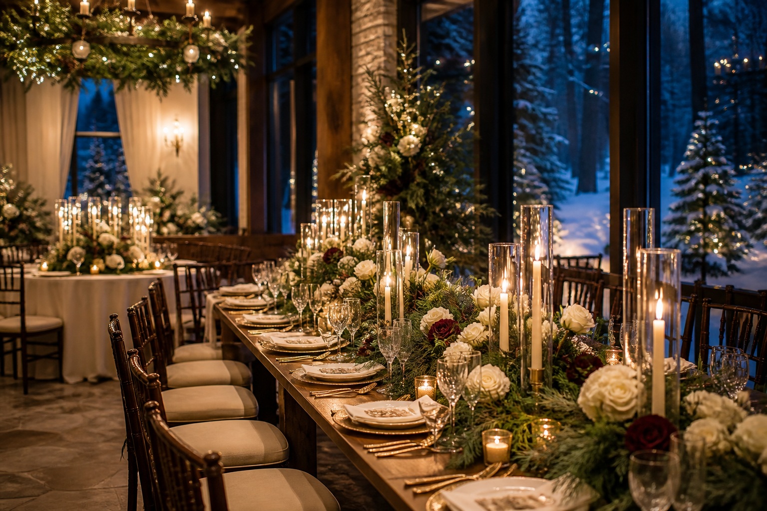 winter wedding decorations with a candlelit evergreen reception table