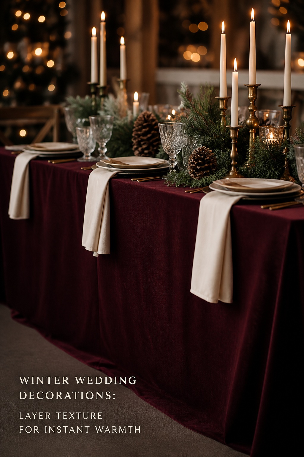 winter wedding decorations with burgundy velvet linens and candles