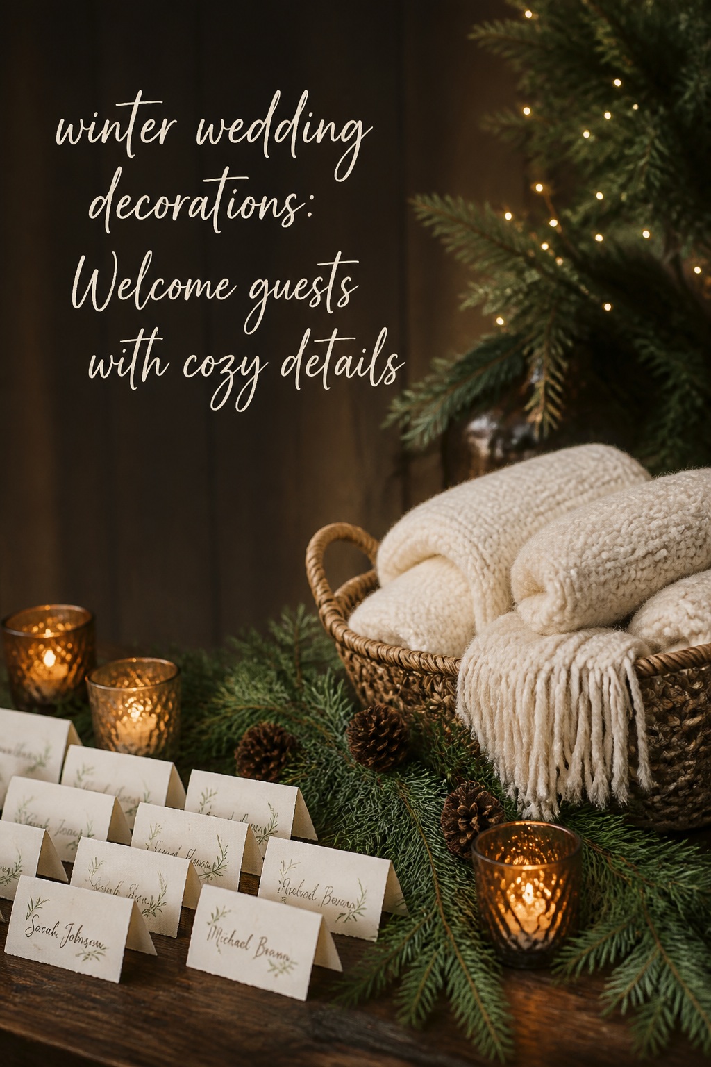 winter wedding decorations with a cozy welcome table and blankets