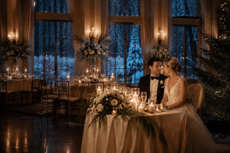 winter wedding ideas candlelit reception with snowy windows and newlyweds