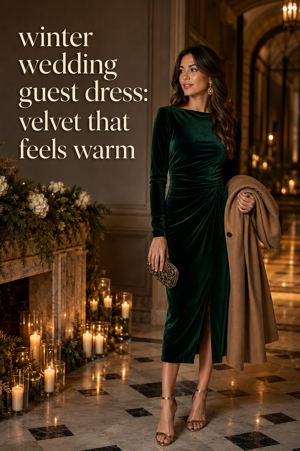 winter wedding guest dress in emerald velvet with a camel coat