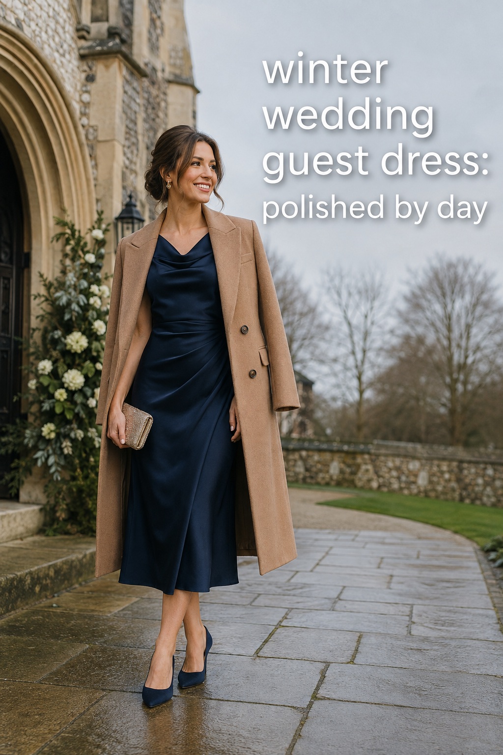 winter wedding guest dress in navy satin with a camel coat