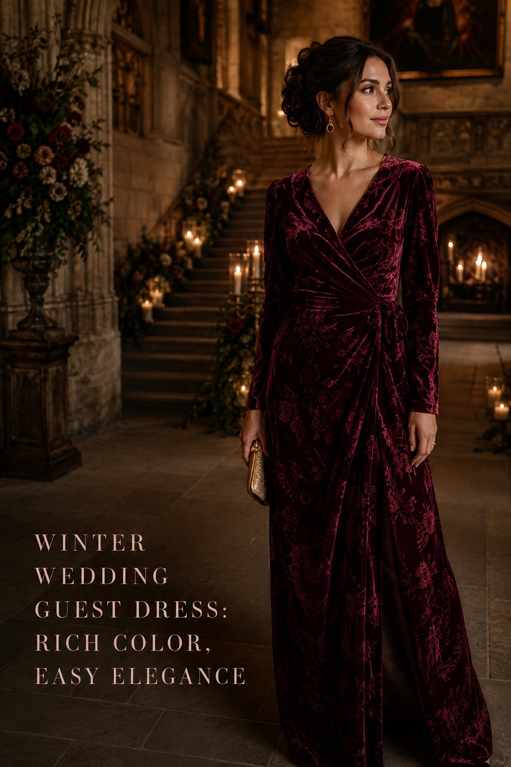 winter wedding guest dress in burgundy velvet floral jacquard
