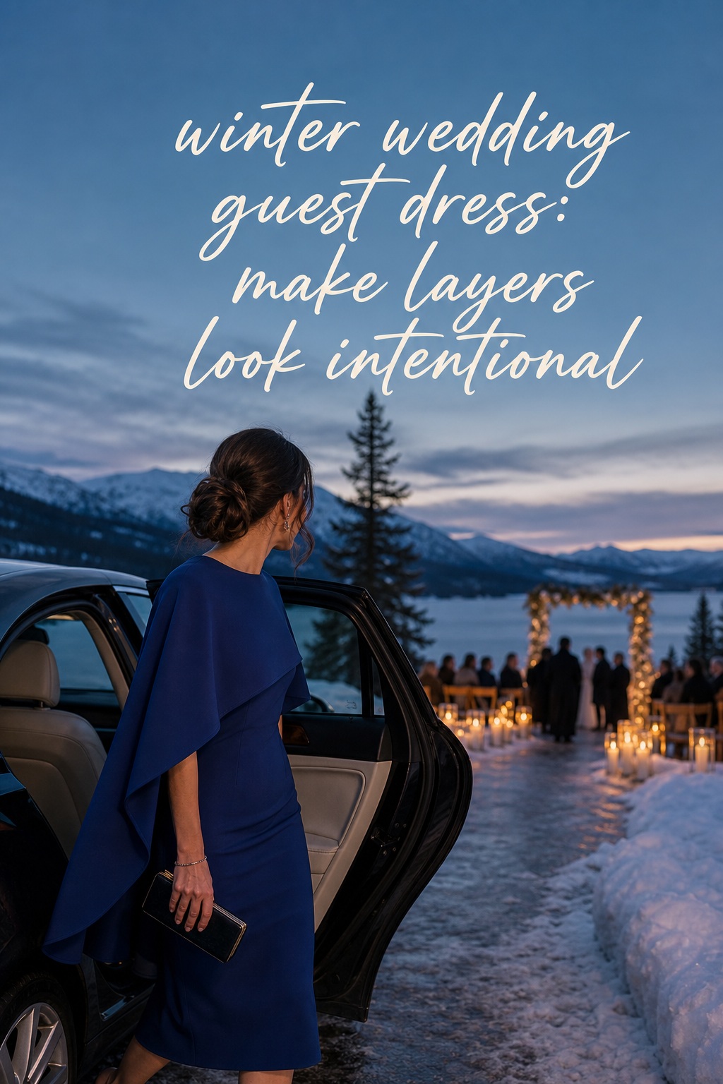 winter wedding guest dress in sapphire blue with a cape sleeve