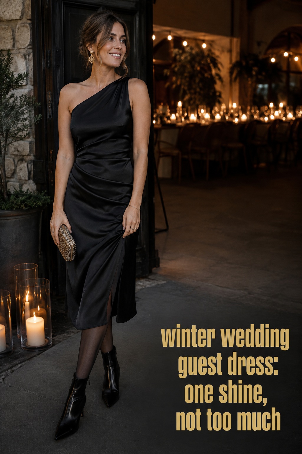 winter wedding guest dress in dark floral print with wool coat