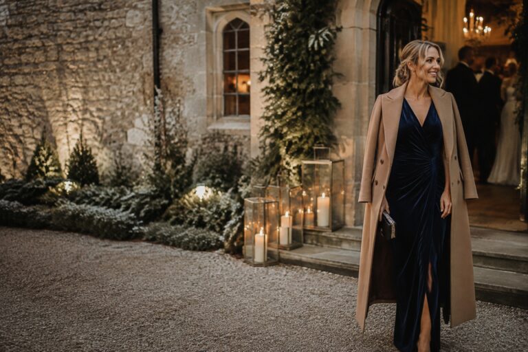 winter wedding guest dress in sapphire velvet with a camel coat at a candlelit venue