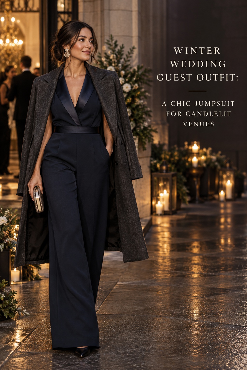 winter wedding guest outfit with a navy tailored jumpsuit and coat