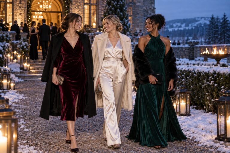 winter wedding guest outfit ideas at a glowing snowy wedding venue