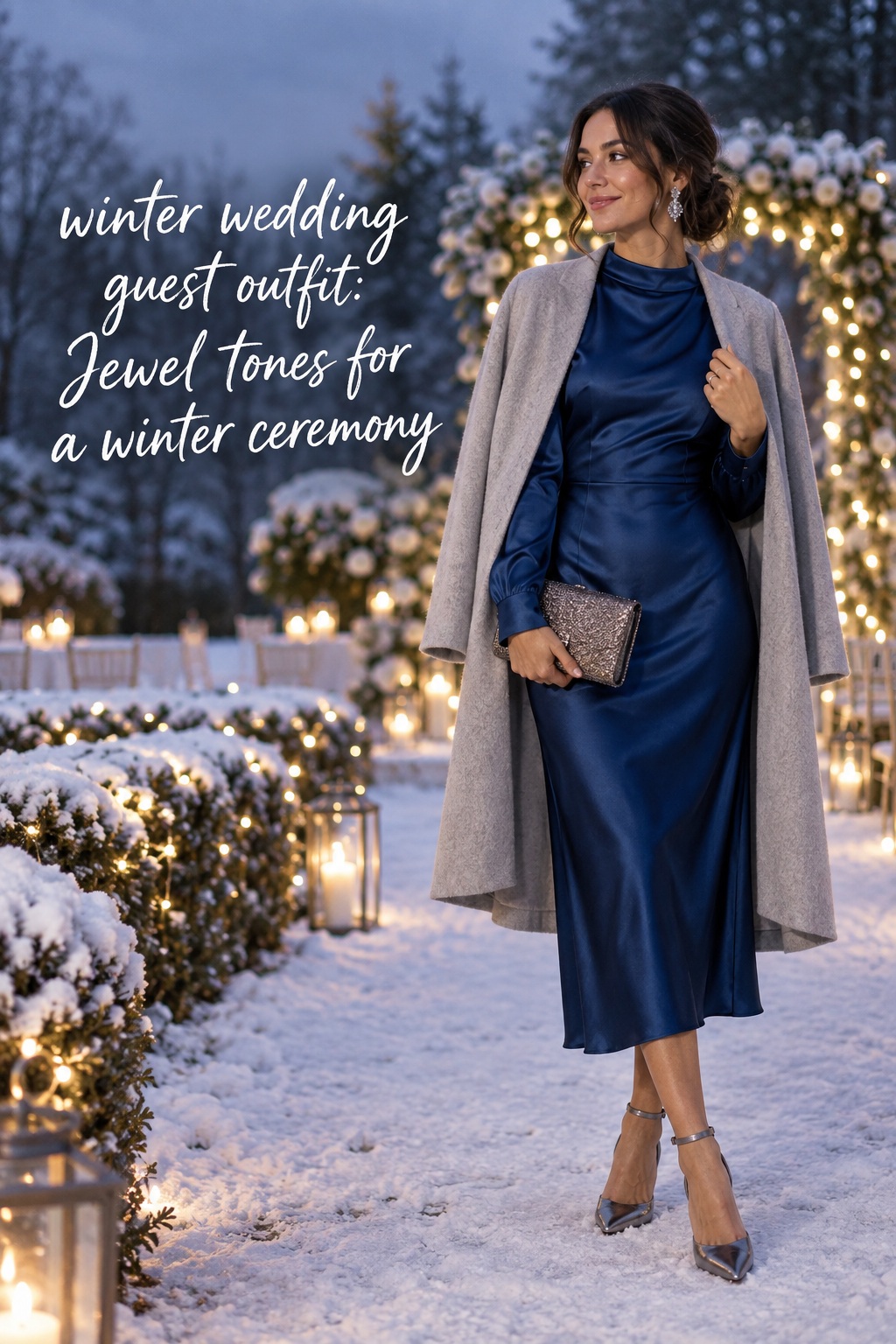 winter wedding guest outfit in sapphire satin with a gray cape