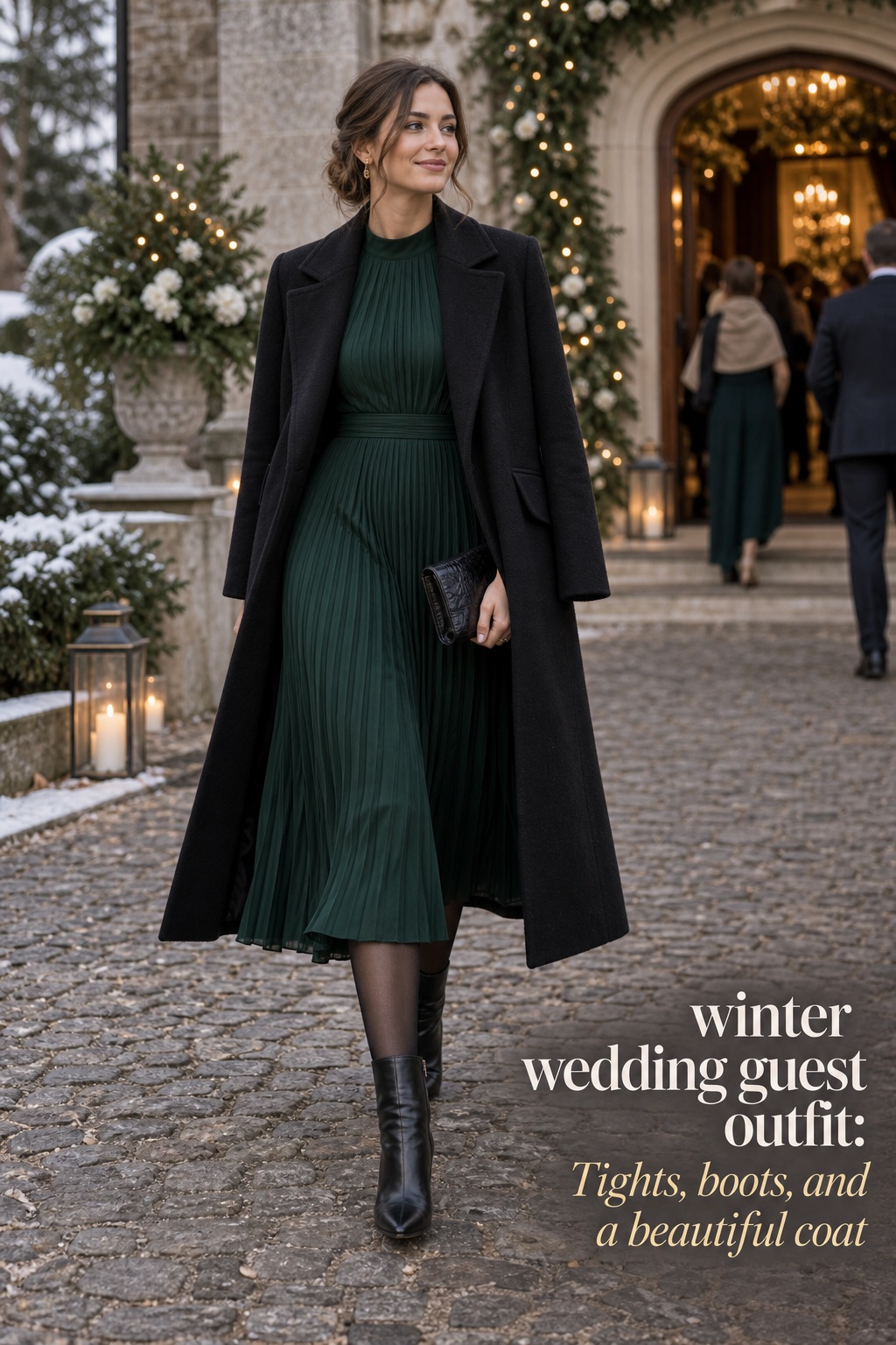 winter wedding guest outfit with green midi dress tights and boots